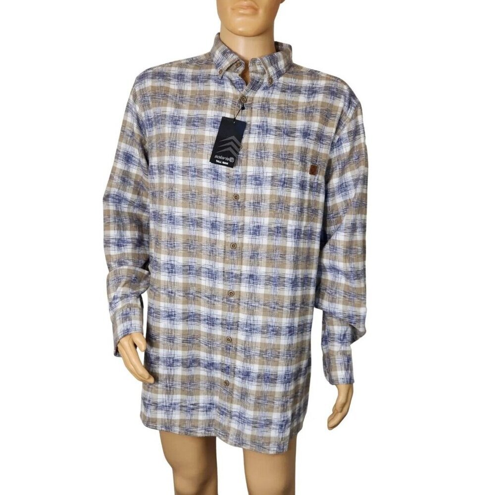 Solaris Shirt Men's Tall Man Cream White  Plaid ButtonUp Long Sleeve Size XLT 14